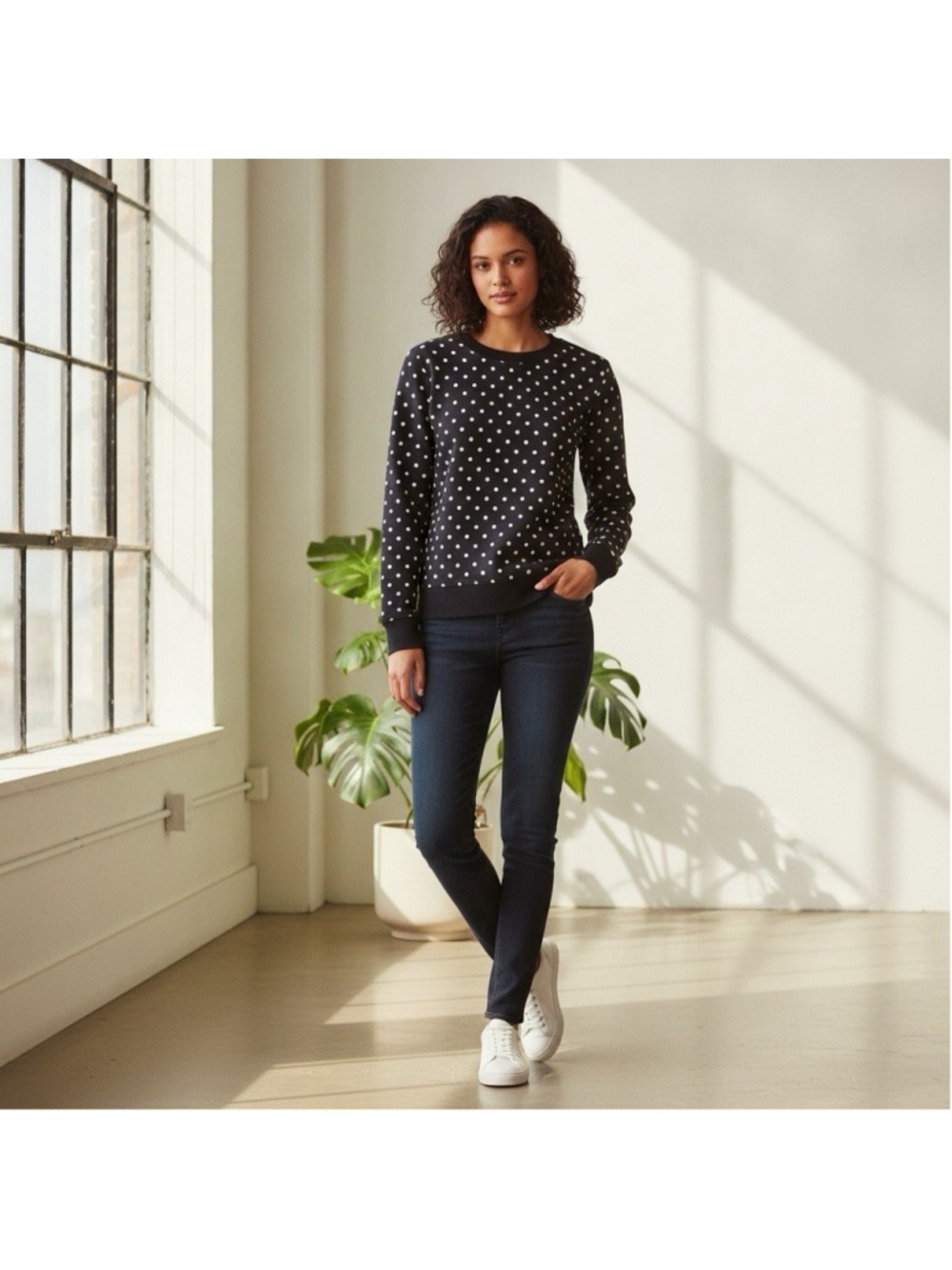 J.Crew Polka Dot Printed Raglan Sweatshirt Black Cotton AD242 Preppy Casual